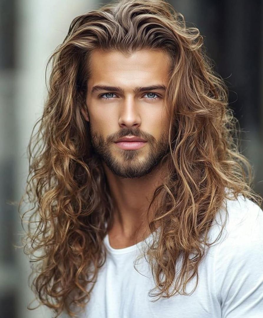 Wiwige Long Curly Wavy Brown Wig for Men Synthetic Rocker Punk Halloween Cosplay Hair Wig