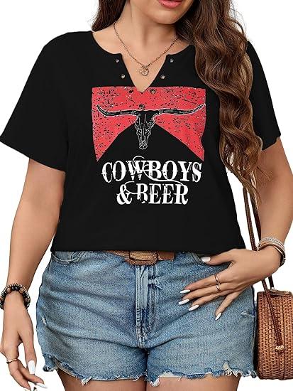 Women's Plus Size Tops Cowgirl Country Outfits Cowboy Shirts Western Graphic T-Shirts, XL