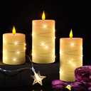 Rechargeable Flameless Candle, Flickering LED Pillar Real Wax Candle with Fairy Lights, Remote Control and Timer, Upgraded Teardrop Wick, Built-in Battery Electronic Candle, Set of 3