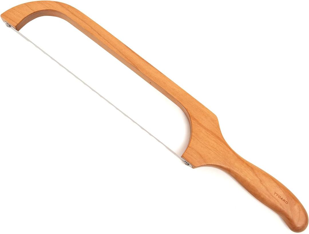 Wooden Bread Bow Knife, Cherry (16") - Serrated Sourdough Cutter for Homemade Bagels, Baguettes and More - Right-Handed, Cuts Thin, Even Slices - Premium Stainless Steel (Silver)