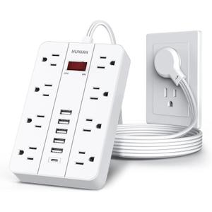 Power Strip with USB, Flat Plug Extension Cord Surge Protector 5 Ft, HUNIAN Power Strip with 8 Widely Spaced Outlets 6 USB Charger (1 USB C Port), Desk Charging Station for Home Office, White