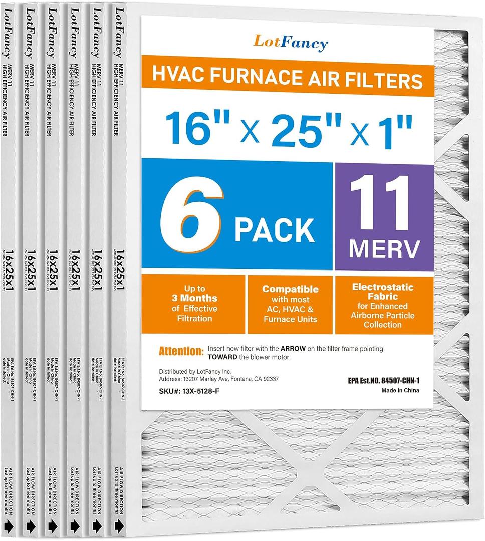 LotFancy 16x25x1 Air Filter MERV 11 6-Pack, Actual Size: 15.75"x24.75"x0.75", Electrostatic Pleated AC Furnace Air Filter, Captures Dust, Smog & Pet Dander