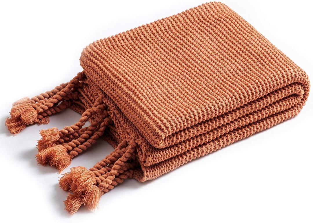 RUDONG M Knitted Throw Blanket with Fringe, Rust Orange Knit Throw Blanket for Couch Bed Sofa 60" x 80"