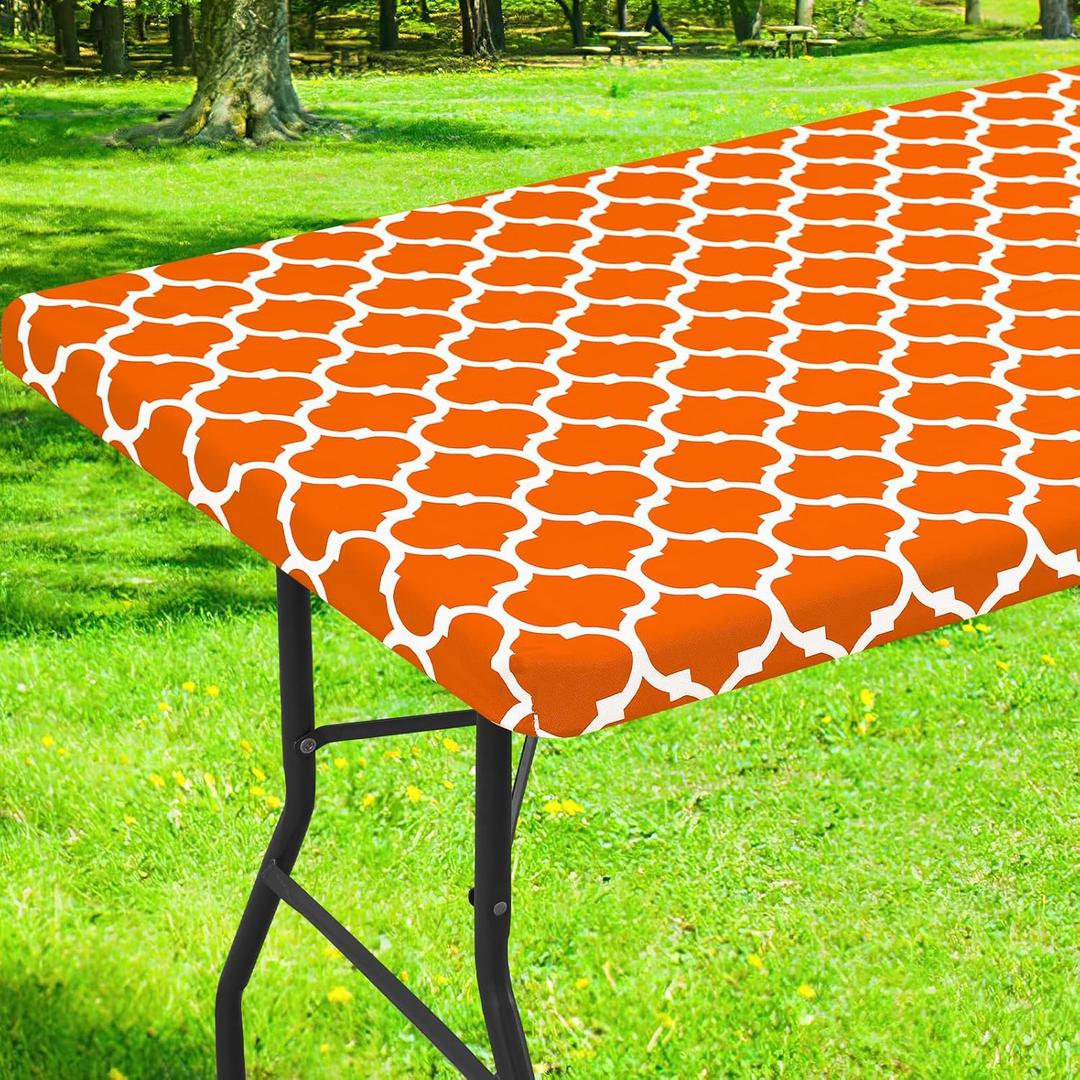 Smiry Rectangle Picnic Table Cover, Waterproof Elastic Fitted Camping Tablecloths for 8 Foot Tables, Wipeable Flannel Backed Vinyl Tablecloth Protector for Indoor, Outdoor (Orange, 30x96 Inches)