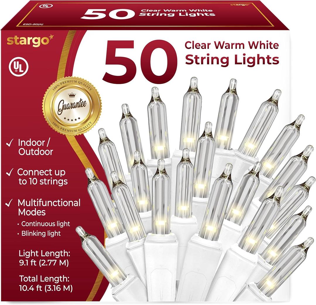Clear Warm White Christmas Lights - 9 ft String of 50 Incandescent Mini Bulbs Multifunctional Lighting Modes, for Decorative, Bedroom, Outdoor, Xmas Twinkle Tree Lights with White Wire Total 10.4 ft