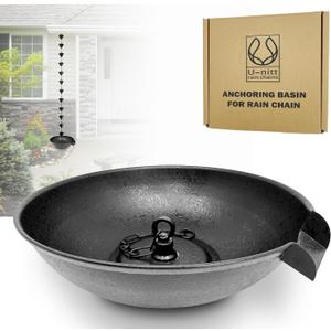 12" Spill Bowl Catch Basin for Rain Chain Anchoring & Stake | Rainwater Collection for Roof Gutter Downspout | Good For Water Fountain & Birdbath | Black | Works with Rainchain | Handles Heavy Rain (black-V2)