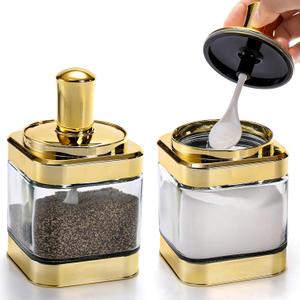 2 Pack Glss Condiment Pot, 12 Ounce Gold Spice Jars with Spoon, Seasoning Box Set Salt Container, Sugar Dispense, Kitchen Containers for Flour and Sugar