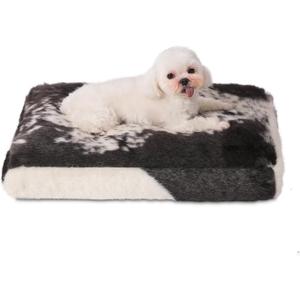 Bedfolks Waterproof Dog Crate Bed,Plush Dog Bed with Removable Washable Cover,Faux Fur Dog Crate Pad for Small Dogs and Cats,Fluffy Dog Kennel Bed 23"x18",Black-White Cowhide