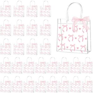 QOUBAI 36Pcs Pink Bow Clear PVC Gift Bags With Handles Ribbon Bowknot Bulk Coquette Bow Goodie Treat Candy Bag Bows Theme Present Wrap Tote Bags for Birthday Party Favor Baby Shower Decoration Supply