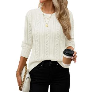 YUCOLEN Womens Sweater Cable Knit Long Sleeve Pullover Top Casual Crew Neck 2025 Fall Trendy Lightweight Sweaters Outfits (Medium, Beige White)