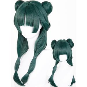 Half and Half Maomao Cosplay Wig with Double Buns & Bangs, 19'' Long Dark Green Anime Ponytails Wigs Pigtail Hair Wig for Women Girls Halloween Party Daily