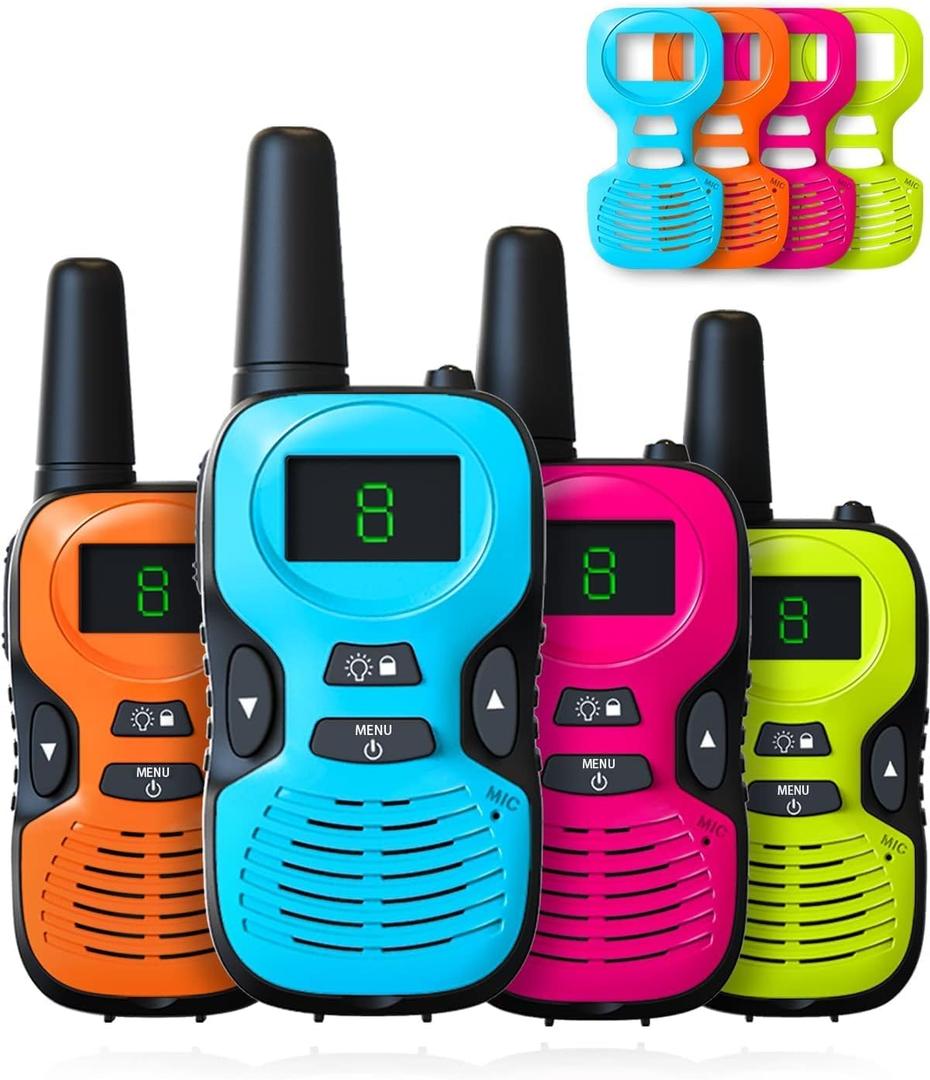 Walkie Talkies for Kids Long Range - 4 Pack Kid Walkie Talkies with Replaceable Shell Backlit LCD Flashlight 3 Miles Range - Gifts and Toys for 5-7 Year Old Boys and Girls (Green Orange Blue Pink)