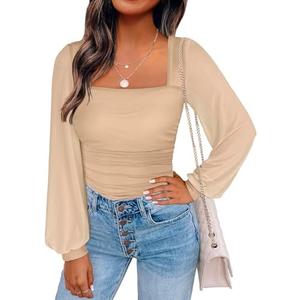 ANRABESS Womens Square Neck Mesh Long Sleeve Tops Double Lined Dressy Business Casual Blouses Shirts 2025 Fall Outfits S