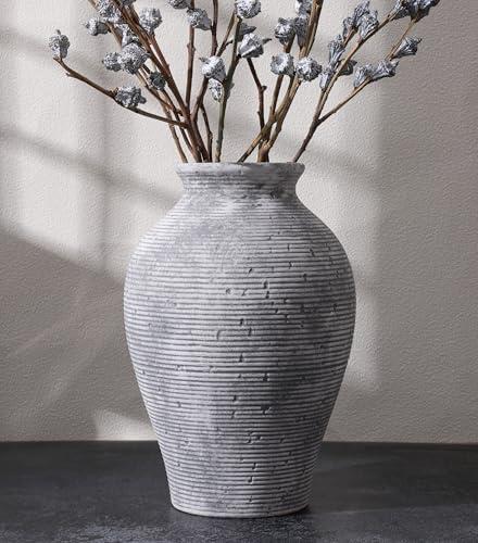 Ceramic Flower Vase Home Decor, 9 in Farmhouse Table Vases Rustic Vintage Living Room Kitchen Bedroom Pottery Decorative Vases for Flowers House Book Shelf Office Coffee Desk Dining Entryway, Grey
