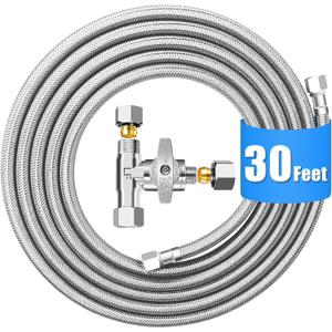 Fridge Water Line Kit - 30FT Premium Stainless Steel Braided Refrigerator Water Line with Tee Stop Valve,Foodgrade PEX Inner Tube Ice Maker Water Line with 1/4" Fittings for Refrigerator Ice Maker