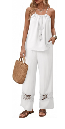 2 Piece Sets for Women Summer Spaghetti Strap Tie Knot Top Lace Wide Leg Pants Set, White, Size S