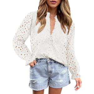 ZESICA Women's Casual Blouse Tops Puff Long Sleeve Button V Neck Hollow Out Eyelet Lace Embroidered Shirt Dressy (White, M)