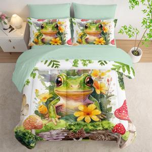 AILONEN Green Frog Comforter Set Queen 7-Piece Bed in a Bag,Tropical Amphibian Tree Frog Bedding Set for Kids Boys Girls,Soft Comforter & Fitted Sheet with Flat Sheet,2 Pillowcases,2 Pillow Shams