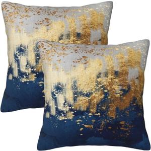 Weiscode Navy Blue and Gold Pillow Covers 18 x 18 inch Set of 2 Decorative Cushion Covers Blue and Gold Square Pillowcases for Bedroom Sofa Home Decor