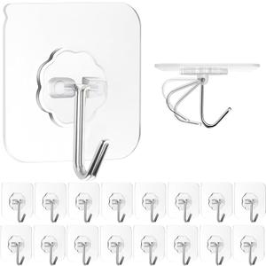 ZESLMG Adhesive Wall Hooks for Hanging, 16 Pack Self Sticky Hooks Heavy Duty 22lb Clear, Removable Shower Hook No Damage for Towel Key Coat Wreath Picture Outdoor Ceiling Bathroom Kitchen, Waterproof