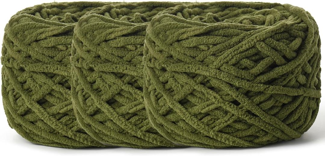 3 Pack Fluffy Chenille Chunky Yarn for Crocheting 100g(65.6yd) - Baby Yarn for Crocheting Soft - Velvet Yarns for Crochet Blanket - Amigurumi Crochet Yarns (Army Green)