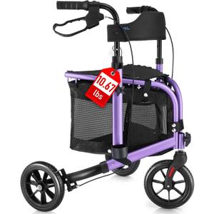 WALK MATE 3 Wheel Rollator Walker with Seat for Slim Seniors, Padded Backrest Lightweight Foldable Travel Walker Ideal for Elderly, 8 Inch Tri-Wheel Modern Mobility Walking Aid Aluminum, Purple