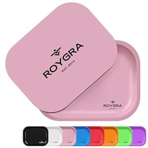 roygra Rolling Tray with Magnetic Lid, Matte Metal Rolling Tray Set, Smoking Accessories, 7 x 5.5 inch - Pink