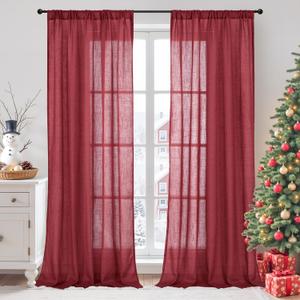 BGment Long Linen Semi Sheer Curtains 102 Inch Length for Living Room, Burgundy Lightweight Window Drapes for Bedroom with Rod Pocket Rustic Textured, 2 Panels Set, Each 52 Inch Wide