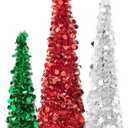Poen 3 Pcs 6ft 5ft 4ft Pop up Christmas Tinsel Tree Collapsible Reusable Pop up Tree Slim Artificial Easy Assembly Tinsel Christmas Tree for Christmas Party Holiday Decoration, Red Silver Green