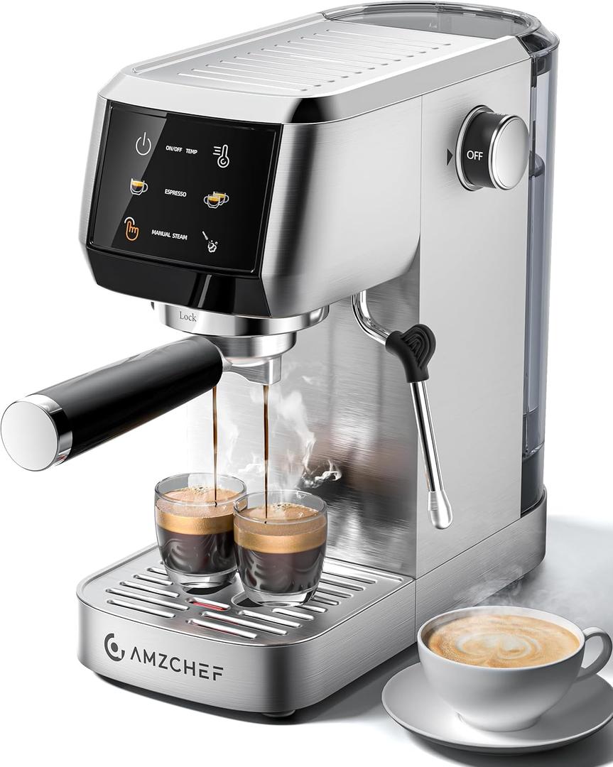 AMZCHEF Espresso Machine 20 Bar  Professional Coffee Maker with Milk Frother, Adjustable Temperature & Pressure, Compact Stainless Steel Espresso Maker for Cappuccino, Latte, Mocha, 44oz Water Tank (Silver Gray)