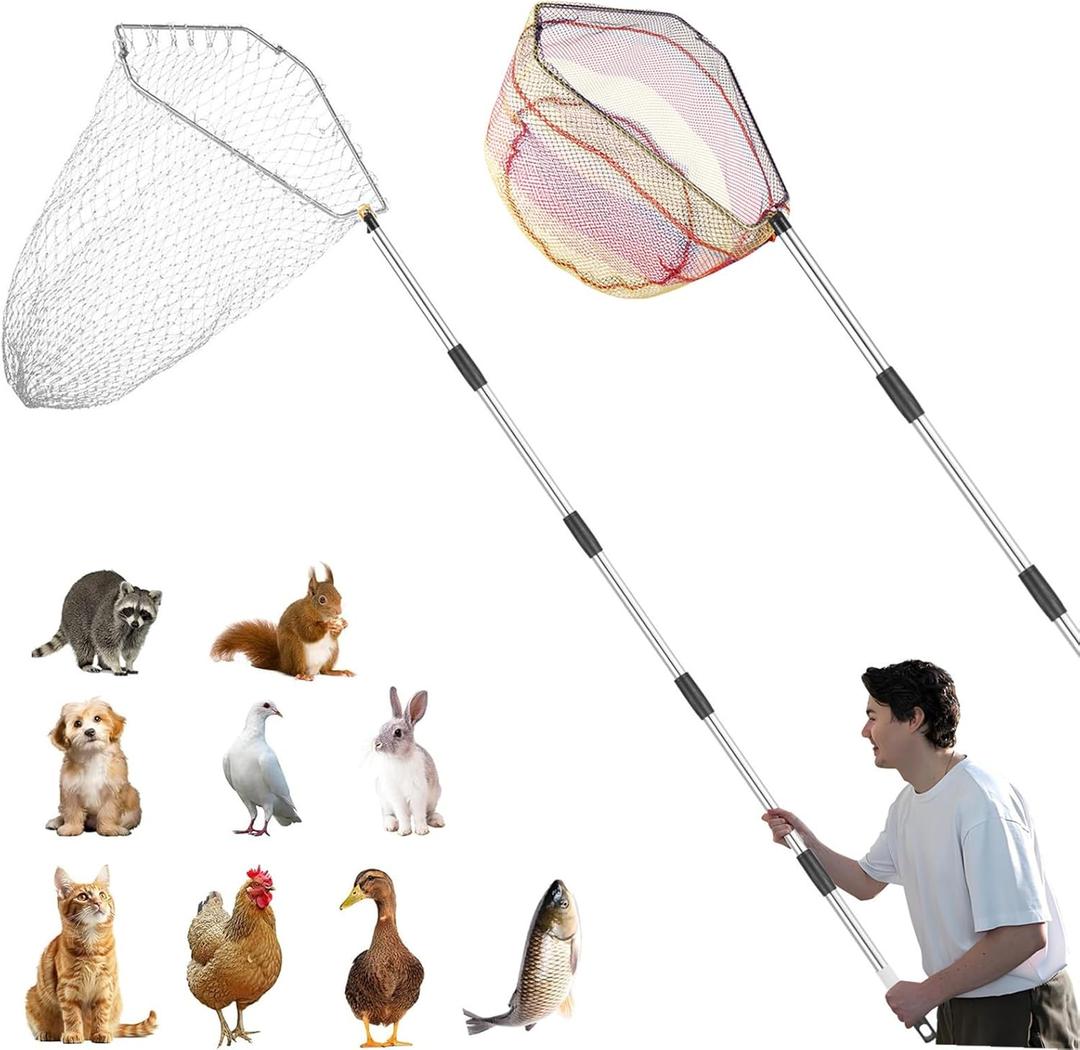 Chicken Catching Net 2 Pcs, Bird Catching Net, 32" to 80" Stainless Steel Poultry Catcher for Catching Small Chicken, Goose, Ducks, Fish, Birds(2 Nets, 1 Pole Included)
