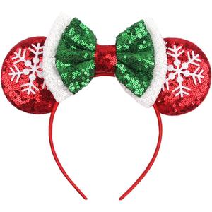 LSHDXD Christmas Mouse Ears Bow Headband Hair Hoop, Glitter Snowflake Hair bands for Christmas Party Supplies Hot Pink Princess Dress Up