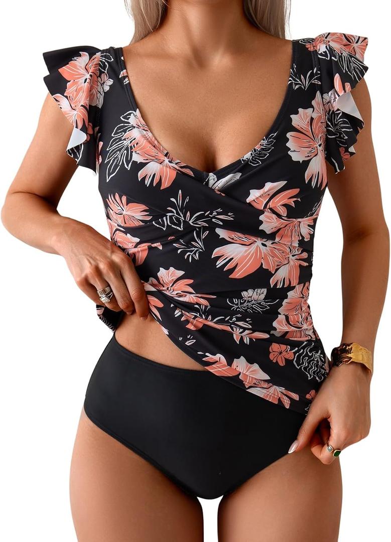 Aidonger Tankini Swimsuit for Women Tummy Control Two Piece Bathing Suit Ruched Ruffle Swimwear Top with Bottom, Large