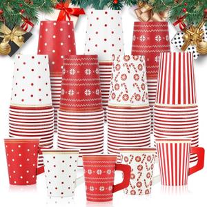 YLOLUL 100 Pcs Christmas Coffee Cups Disposable with Handles 9 oz Hot Chocolate Cups Bulk Red White Christmas Holiday Paper Cups for Xmas Holiday Party Hot Cocoa Bar Supplies