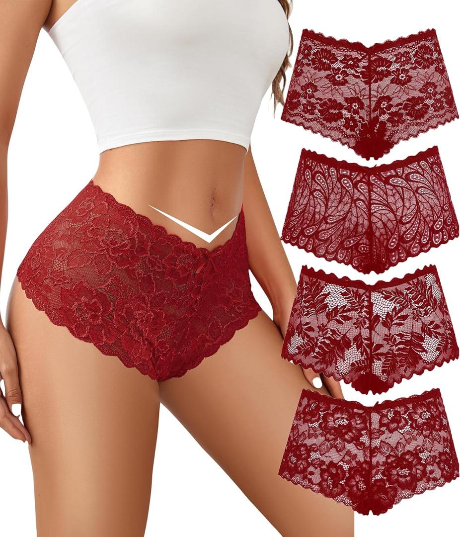 Avidlove Sexy Women's Underwear Floral Lace Boyshort Panties High Waist Cheeky Panty Pack of 4 (Large)