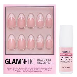 Glamnetic Press On Nails & Brush On Nail Glue Bundle - All Time Love | Short Almond Fake Nails with French Tips and Leaf Accents | 15 Sizes - 30 Nail Kit with Glue | Reusable, Salon-Quality Fake Nail