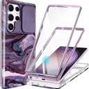 GVIEWIN for Samsung Galaxy S23 Ultra Case with Slide Camera Cover, [Built-in Screen Protector] [2 Front Frames] Military Grade Shockproof Marble Phone Case Fit S23 Ultra 6.8", Quicksand/Purple