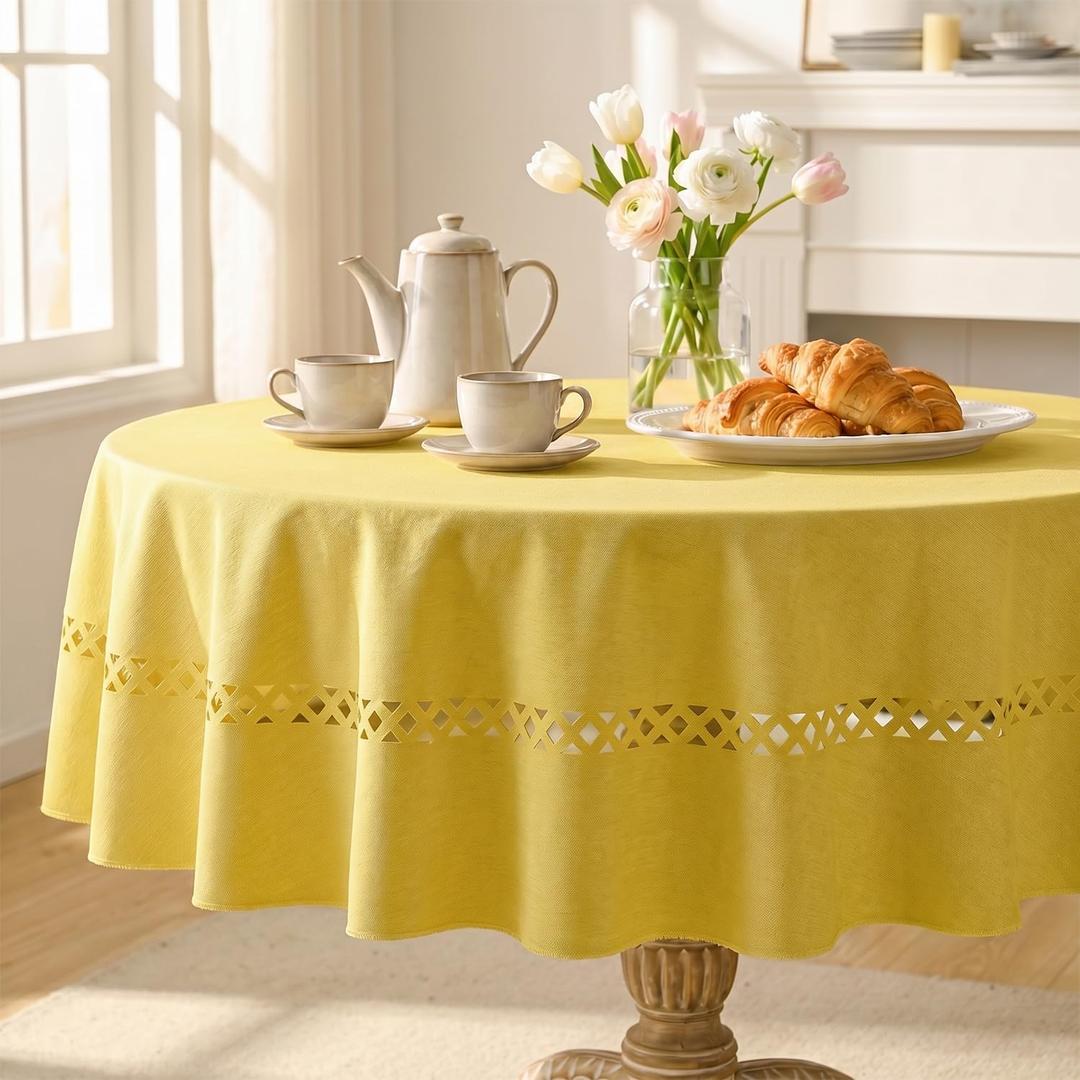 Horaldaily Yellow Farmhouse Style Tablecloth with Decorative Cutouts, 60×60 Inch Round Polyester Table Cloth, Wrinkle Resistant Washable Table Cover for Dining Wedding and Outdoor