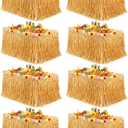 Fovths 8 Pack Luau Grass Table Skirt 9 Feet x 29.5 Inch Hawaiian Grass Table Skirt with Flowers Natural Hawaiian Party Decorations for Luau Birthday Summer Beach Party Supplies, Dark Straw Yellow