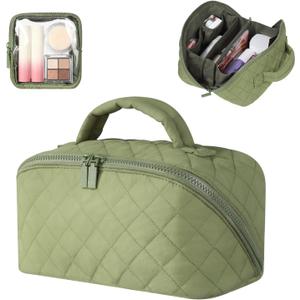 Makeup Bag for Women, Wide Open Lay-Flat Cosmetic Case, Festivalment Makeup Bag, Spacious 180 Open Cosmetic Organizer for Toiletries & Brushes Large Capacity with Compartments (Green)