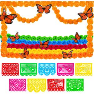 Hanaive 47 Pcs Day of The Dead Decorations Dia De Los Muertos Decor Artificial Marigold Flower Garlands Mexican Party Papel Picado Banner Orange Monarch Butterfly for Indian Diwali Decor(Multicolor)