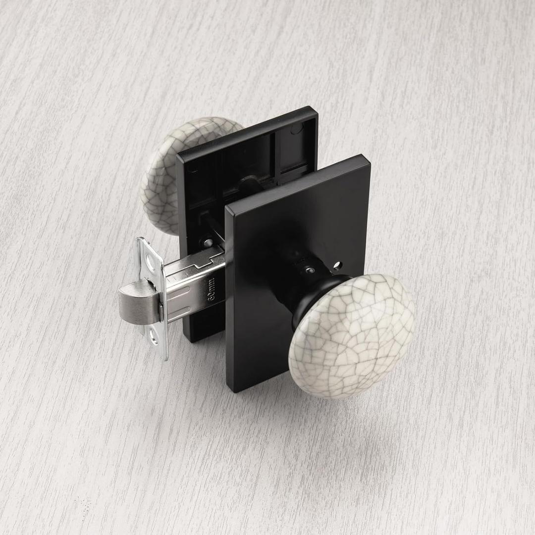 NCL Crack Door Knob, Matt Black Porcelain Door Knobs Interior, Rectangle Door Levers for Bedroom and Bathroom, Privacy Door Handles with Lock