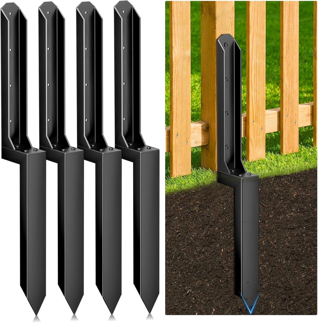 4 Pack Fence Post Repair Kit, Heavy Duty Steel Ground Spike Anchor for Fixing Leaning or Broken 4x4 & 6x6 Wood Posts, No Dig Drive-in Support for Yard, Garden & Fence