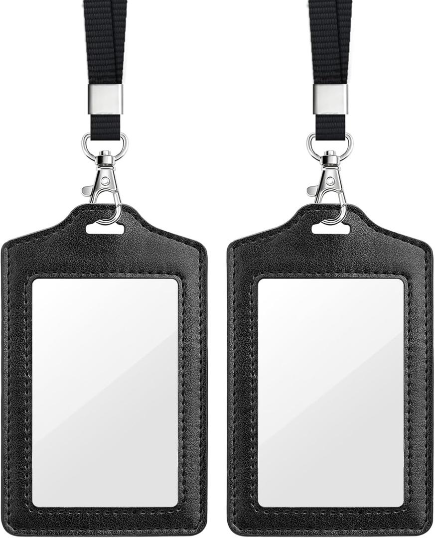 Teskyer 2 Pack Double Sided Clear Badge Holder with Lanyard, PU Leather ID Badge Name Card Holder with Stainless Steel J-Hook Nylon Lanyard for Work, School, Metro, Access, Black