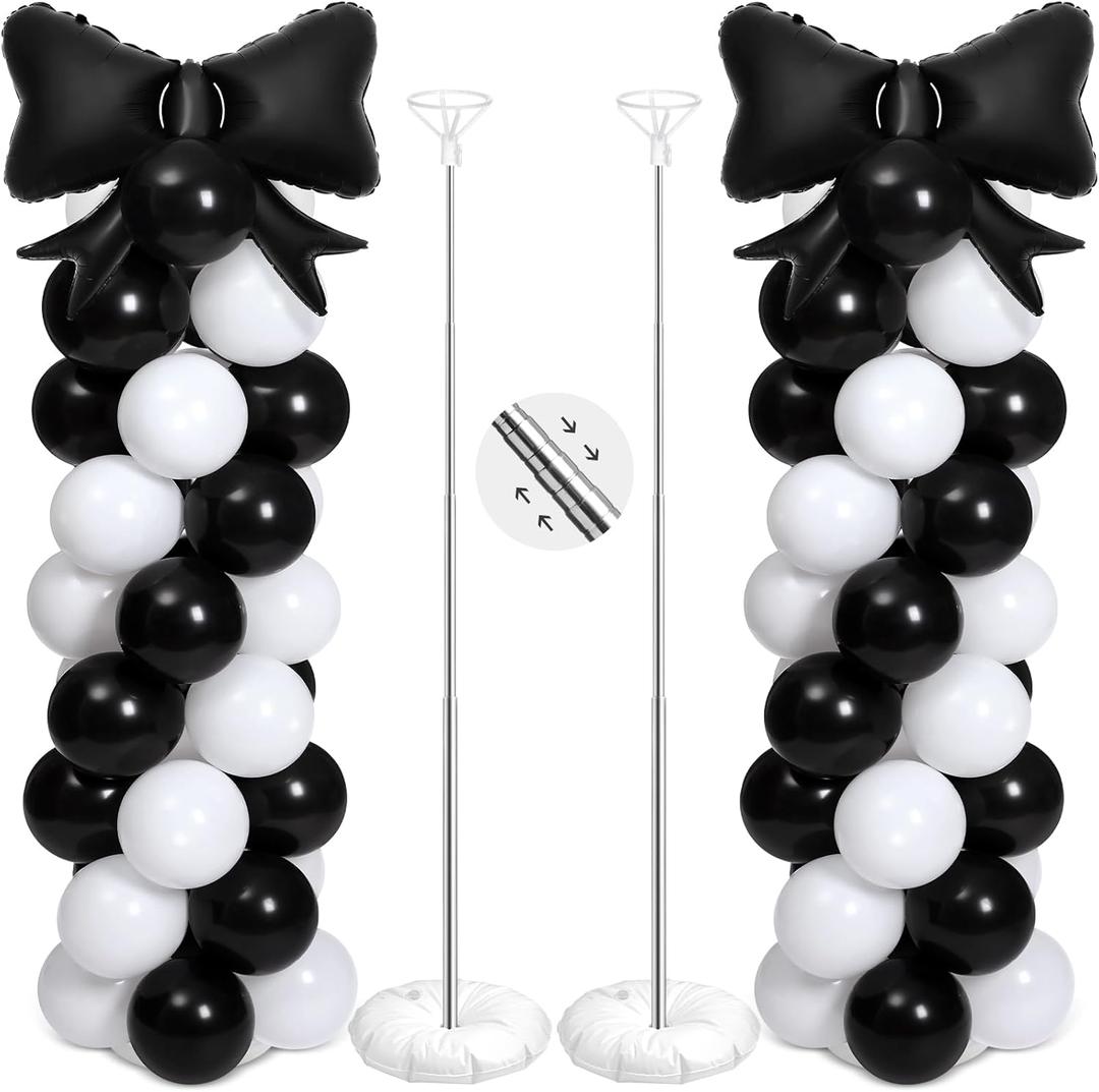 2 Sets Black White Bow Balloon Column Stand Kit Includes 2 Bows & 100 Latex Balloons Adjustable Stands for Princess Birthday Wedding Coquette Baby Shower Party Decoration