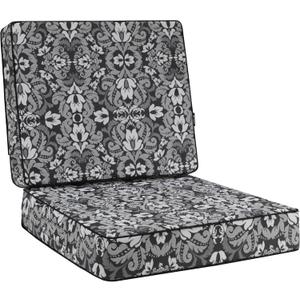 Favoyard Deep Seat Patio Cushion 24 x 24 x 4 in Waterproof Seat & Back Cushion Set with Color Fade Resisitant Pattern, Portable Handle, Attach Straps, Zipper on Removable Cover for Outdoor Furniture (Grey Floral)