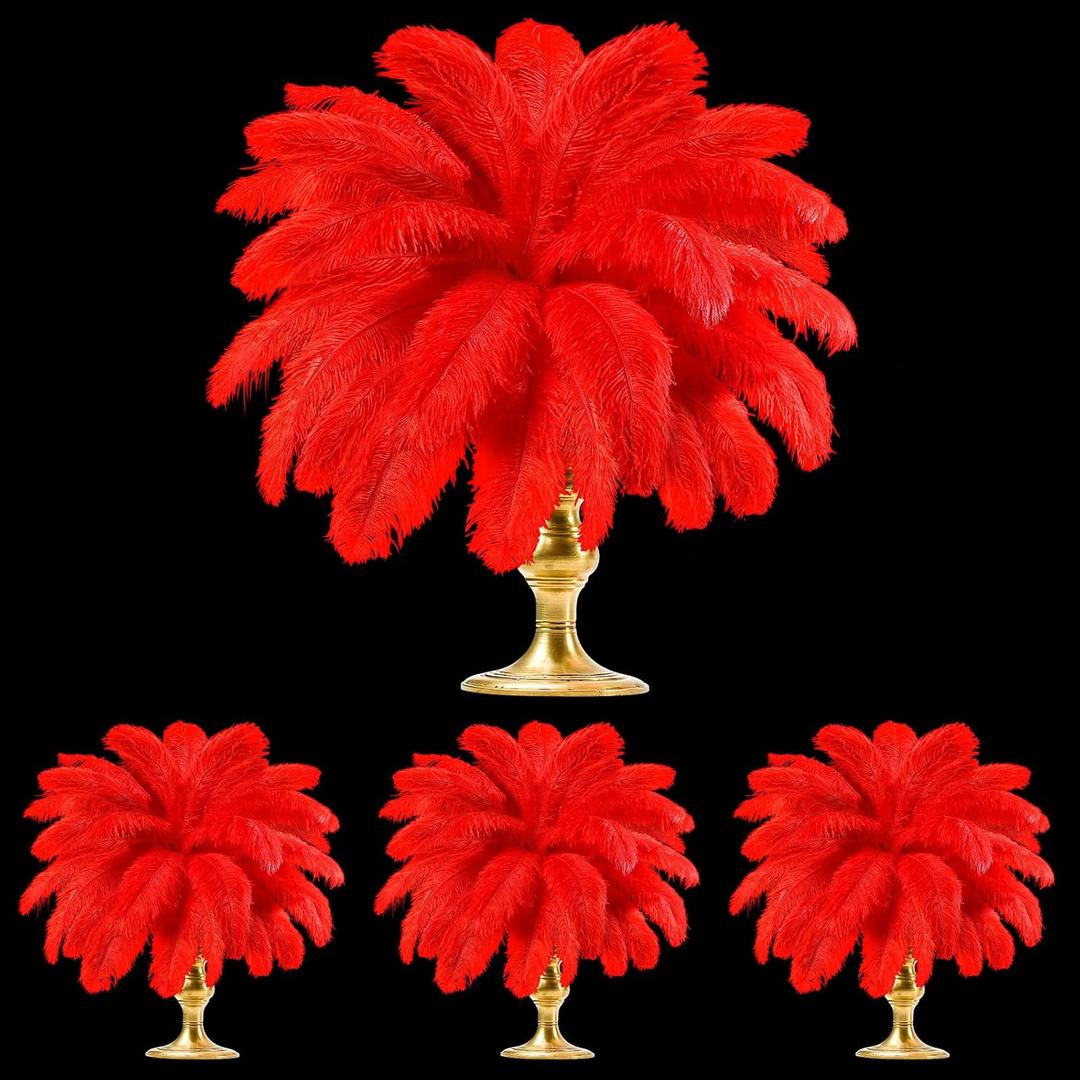 TaoBary White 60 Pcs Red Natural Ostrich Feathers Plumes for Valentine's Day Wedding Birthday Party Red Centerpieces 12-14, 10-12, 8-10 Inches Vase Feathers Flower Arrangement Decors DIY Crafts