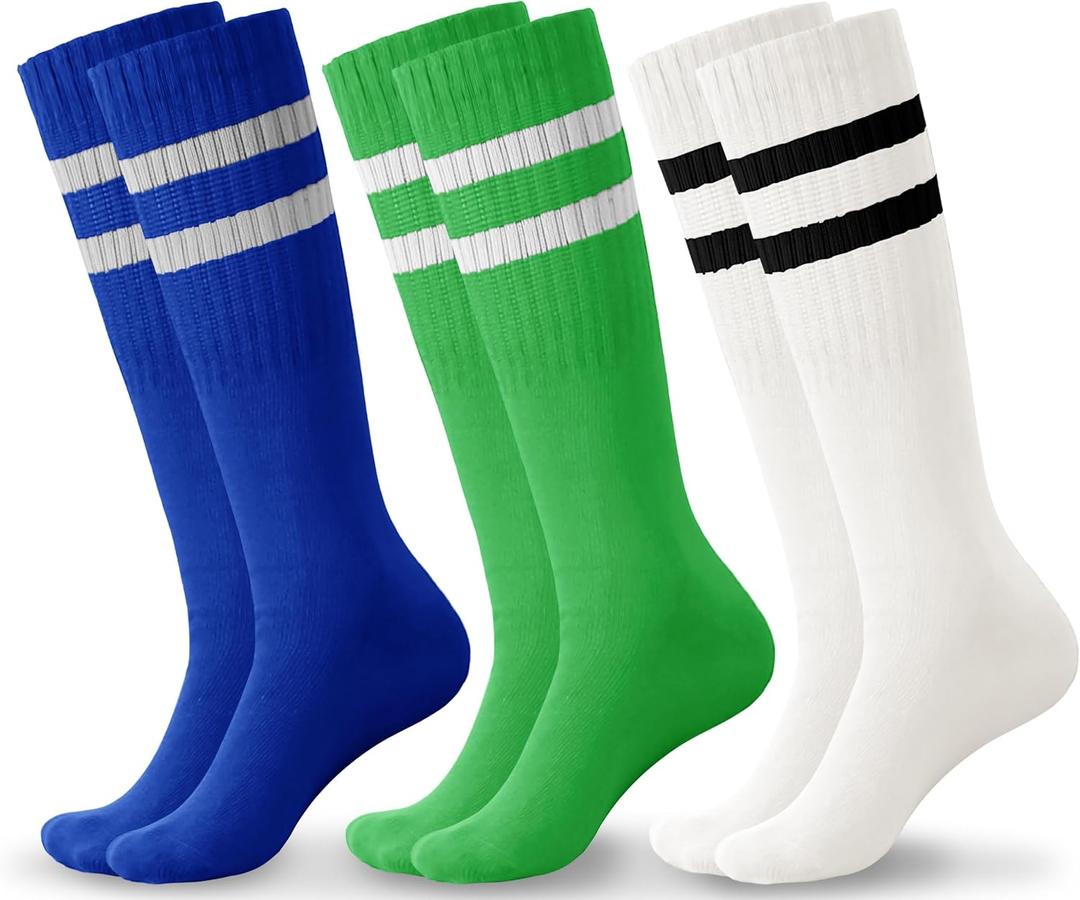 Haloumoning 3 Pairs Boys Soccer Athletic Socks Kids Striped Football Knee High Uniform Sports Tube Socks 4-15 Years (S)