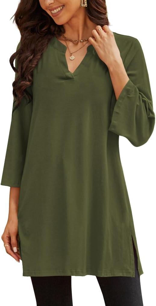 Poetsky Women's Tunic Tops 3/4 Bell Sleeve Loose Fit Tunics Dressy Casual Side Split Flare Top for Leggings 3XL (Green)
