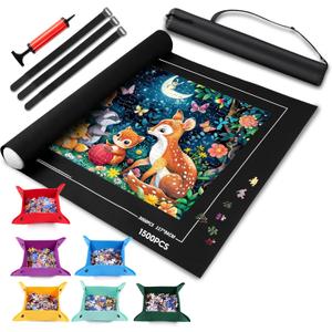 Puzzle Mat Roll Up 1500 1000 500 Pieces Portable Puzzle Board/Table Saver Mats, Smooth Top & Non-Slip Felt Bottom with 6 Sorting Trays, Storage Bag, Inflatable Roller